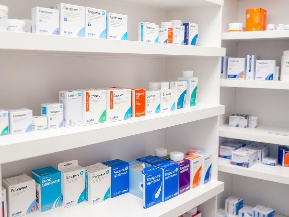 Pharmaceutical packs arranged on clean white pharmacy shelving