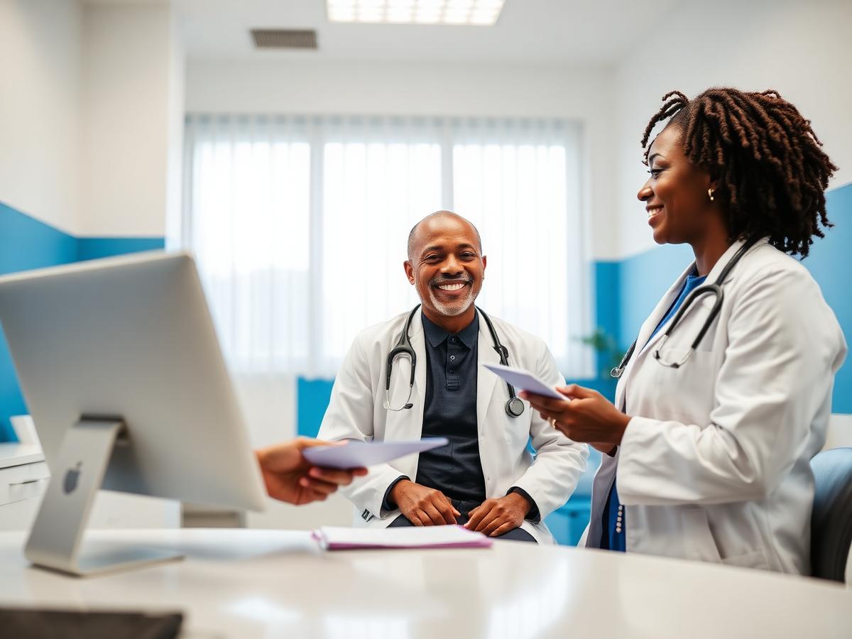Healthcare professionals reviewing supply documentation in a clinic